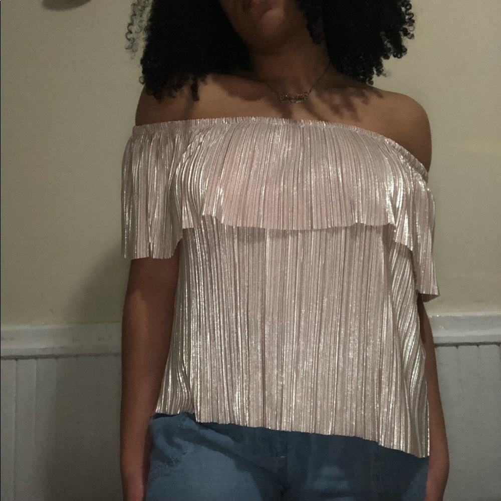 Off the Shoulder Pleated Sparkly Pink Top